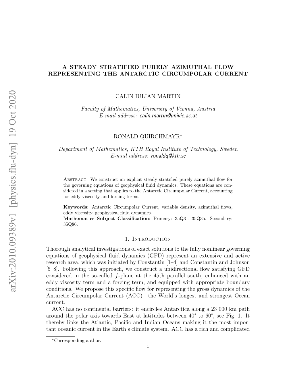 A Steady Stratified Purely Azimuthal Flow Representing the Antarctic Circumpolar Current