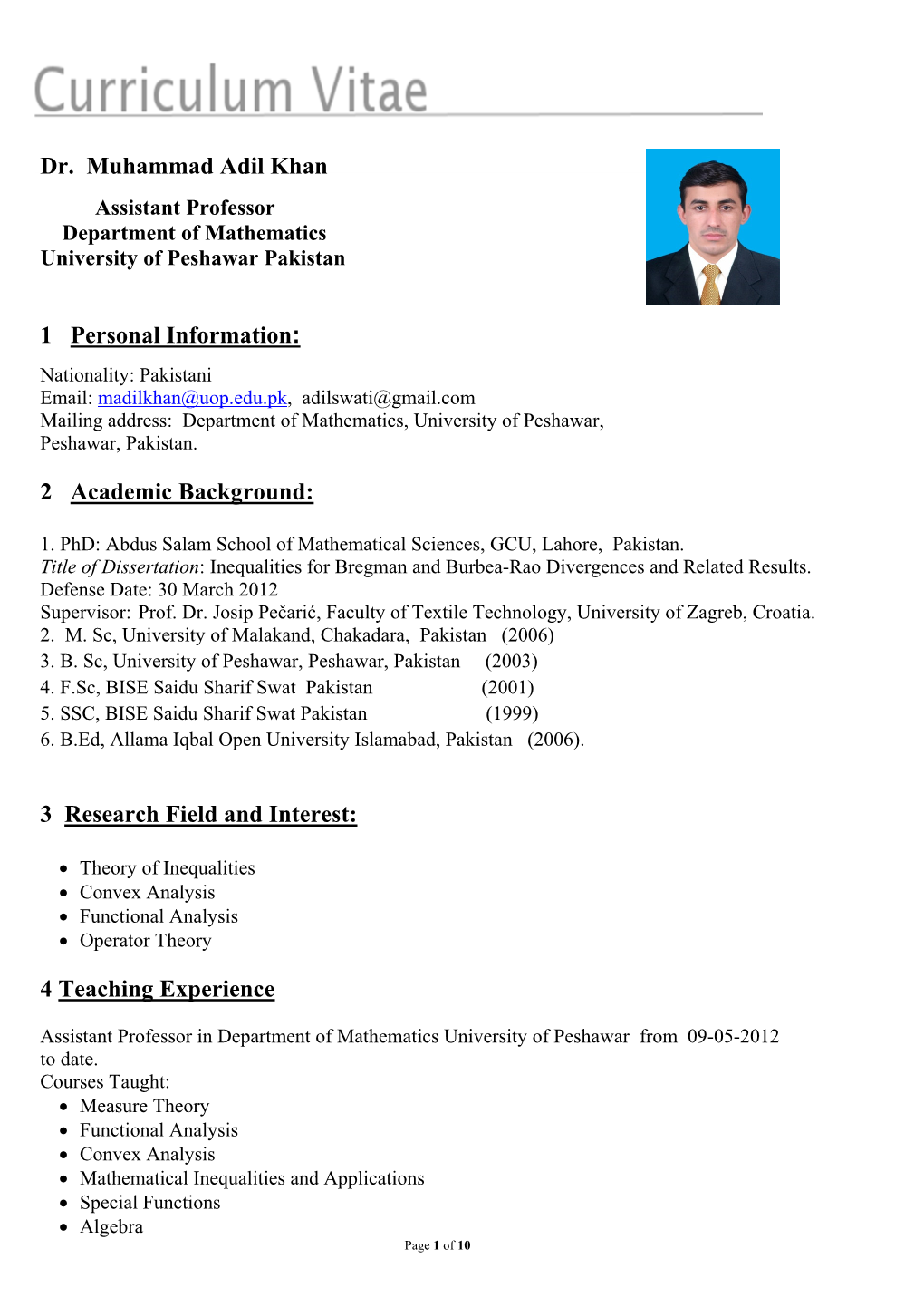 Dr. Muhammad Adil Khan 1 Personal Information