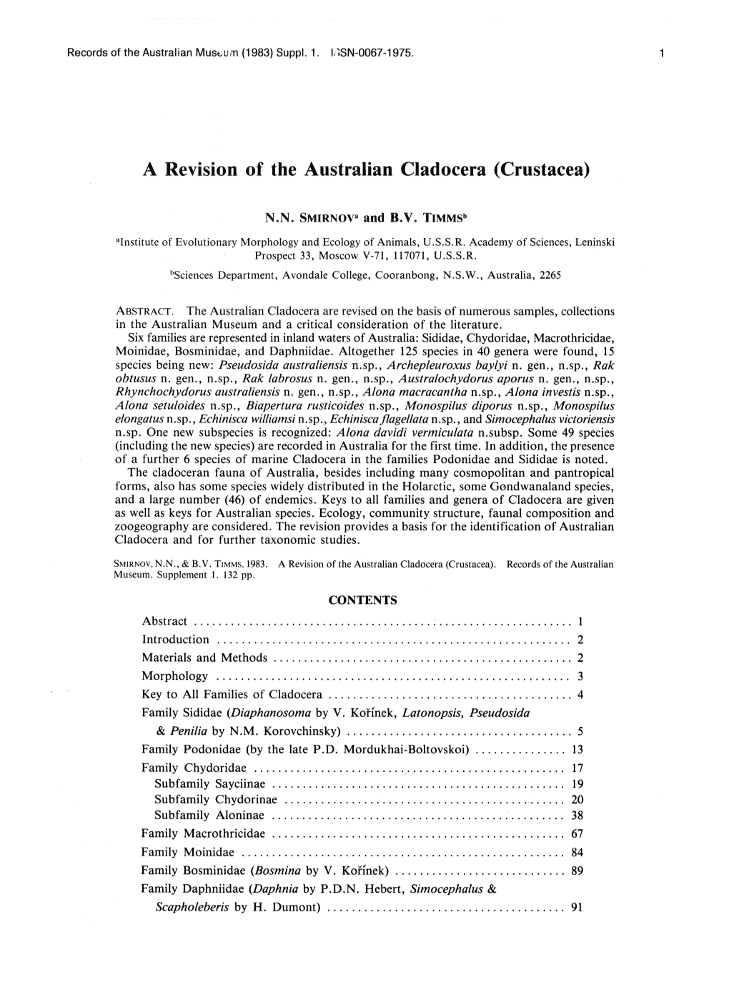 A Revision of the Australian Cladocera (Crustacea)