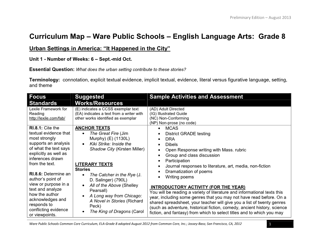 Curriculum Map – Ware Public Schools – English Language Arts: Grade 8