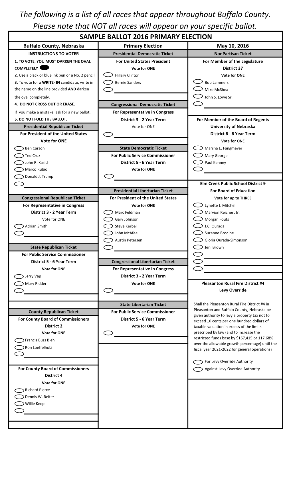SAMPLE BALLOT 2016 PRIMARY ELECTION Buffalo County, Nebraska Primary Election May 10, 2016 INSTRUCTIONS to VOTER Presidential Democratic Ticket Nonpartisan Ticket 1