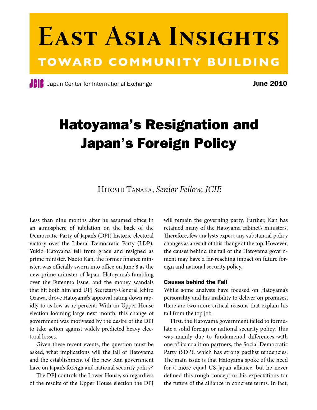 Hatoyama's Resignation and Japan's Foreign Policy