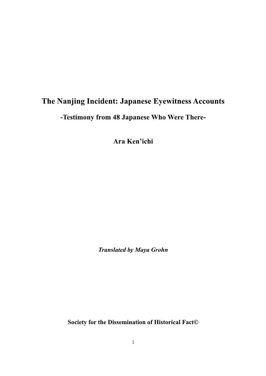 The Nanjing Incident: Japanese Eyewitness Accounts