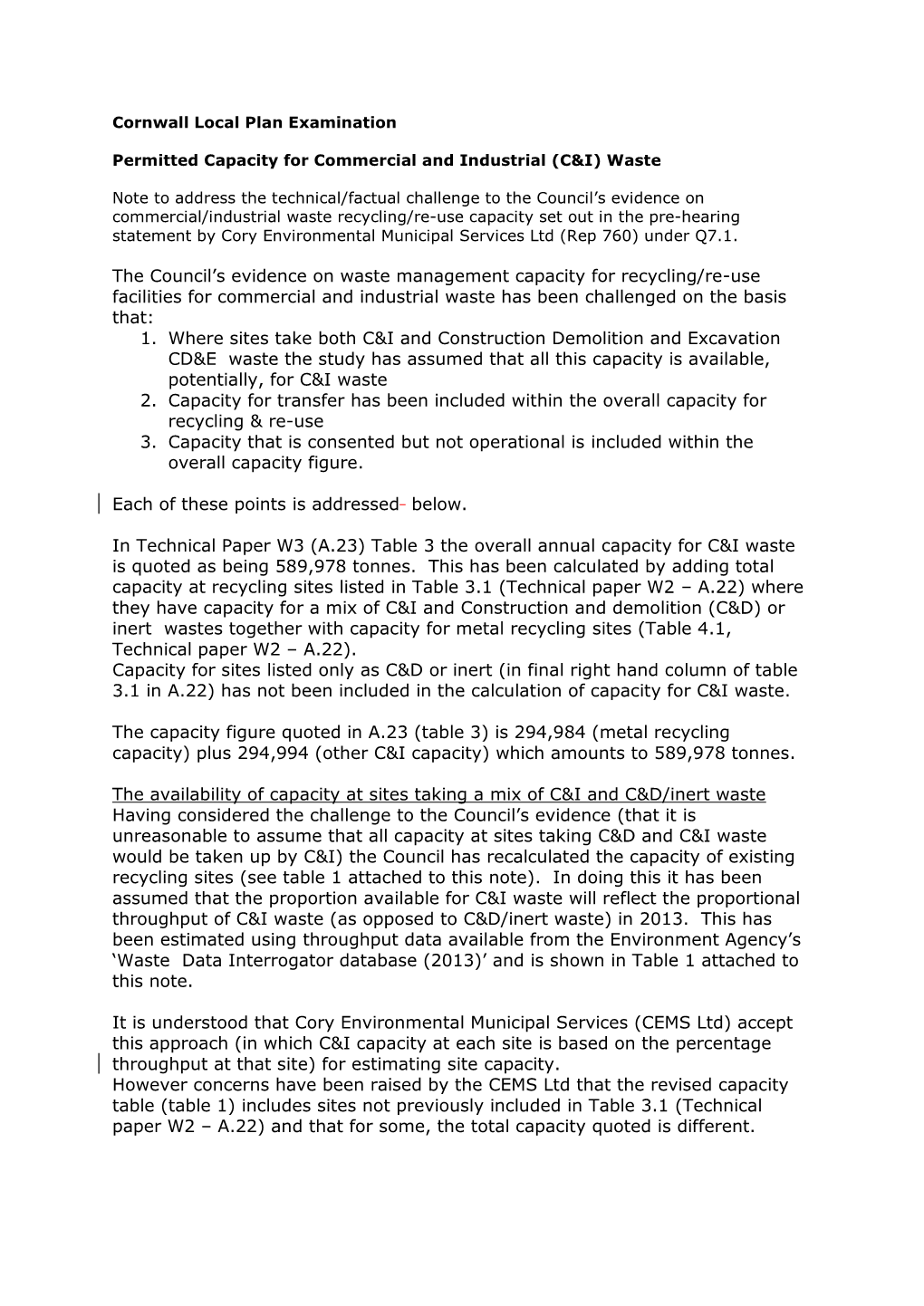 The Council's Evidence on Waste Management Capacity for Recycling