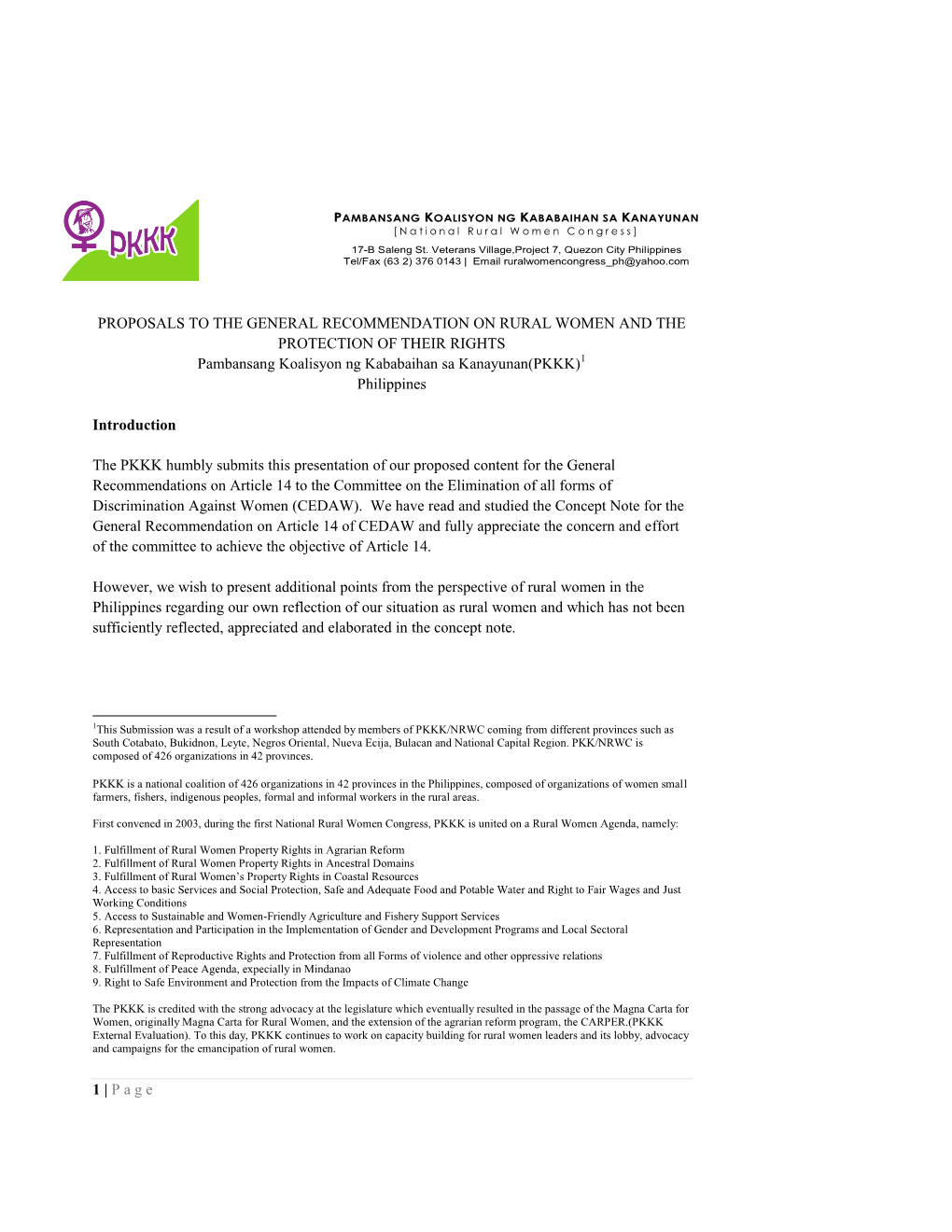 Page PROPOSALS to the GENERAL RECOMMENDATION on RURAL WOMEN and the PROTECTION of THEIR RIGHTS Pambansang Koalisyon Ng Kabab