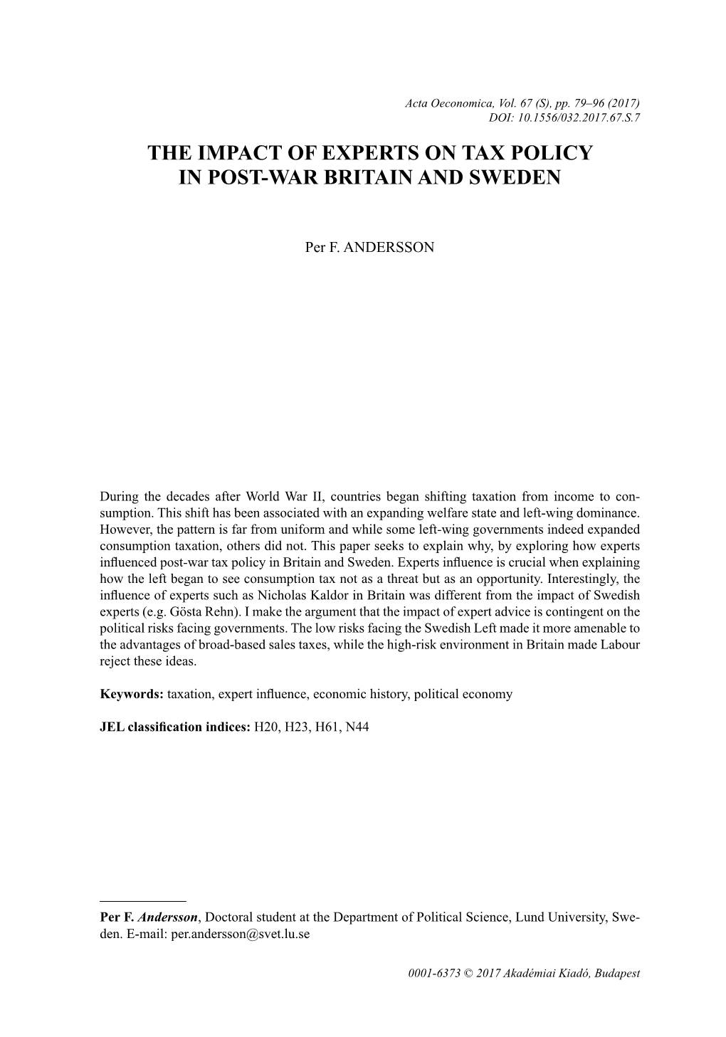 The Impact of Experts on Tax Policy in Post-War Britain and Sweden