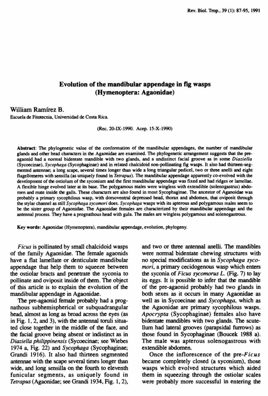 Evolution of the Mandibular Appendage in Fig Wasps (Hymenoptera: Agaonidae)