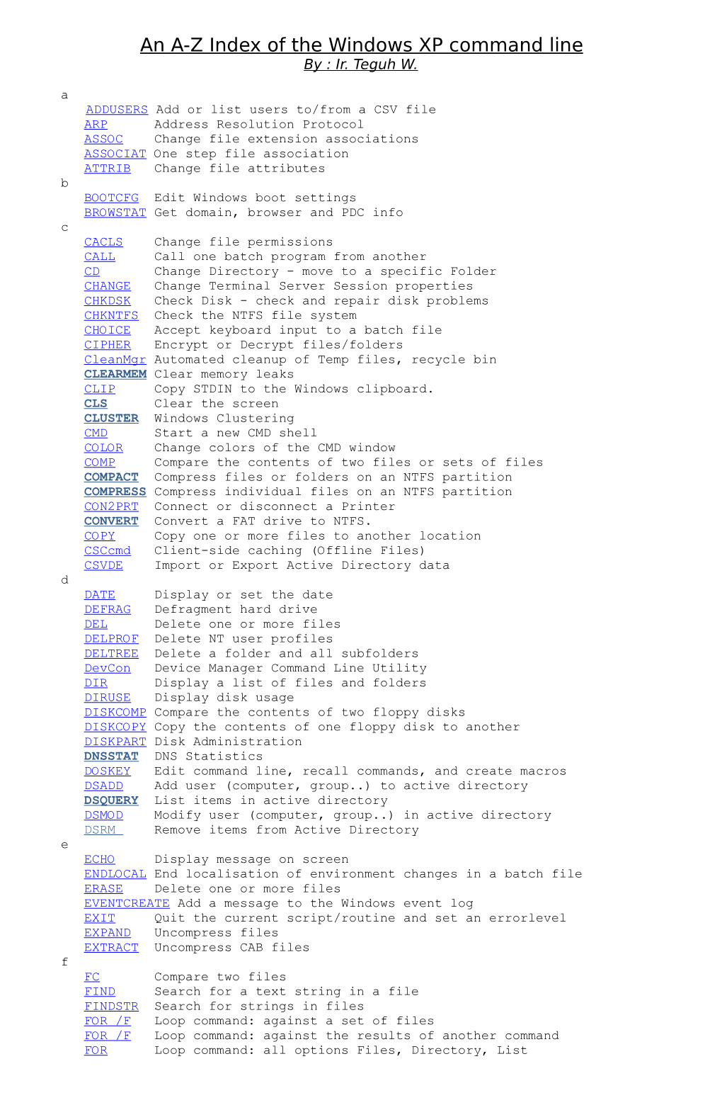An A-Z Index of the Windows XP Command Line by : Ir