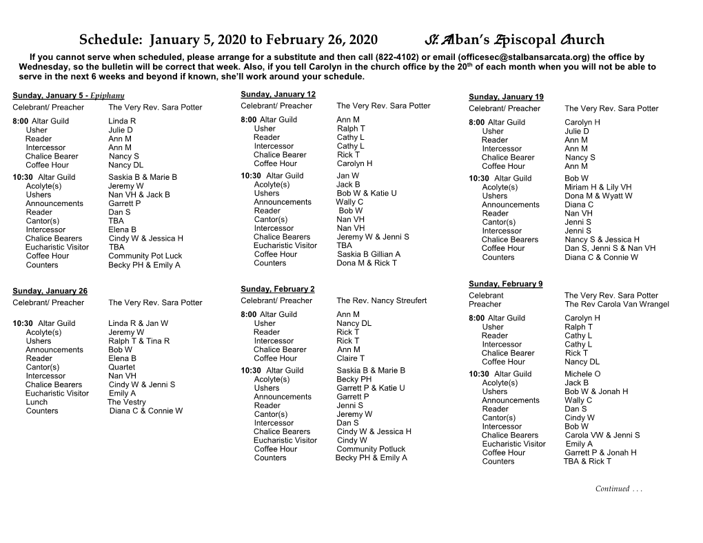 Jan-Feb 2020 Schedule