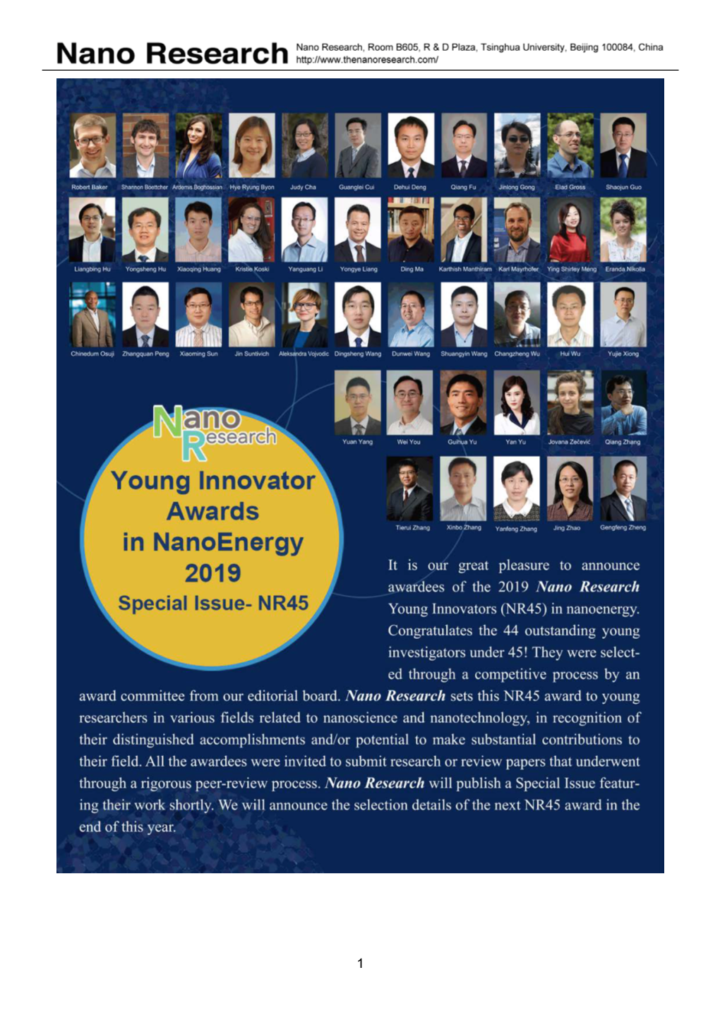 Young Innovator Awards in Nanoenergy, 2019