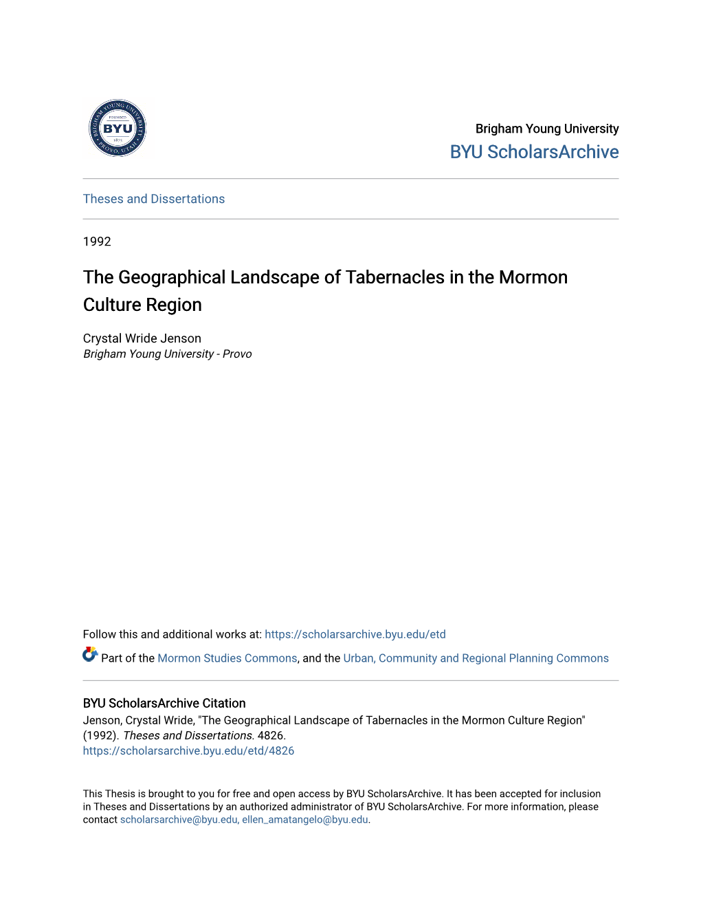 The Geographical Landscape of Tabernacles in the Mormon Culture Region