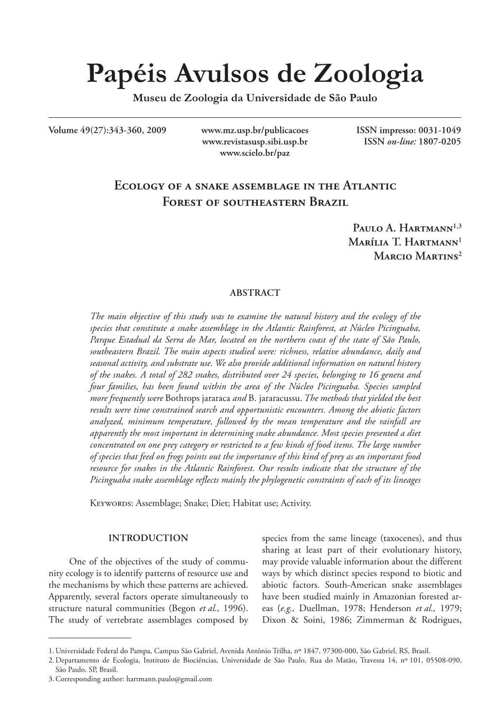 Ecology of a Snake Assemblage in the Atlantic Forest of Southeastern Brazil