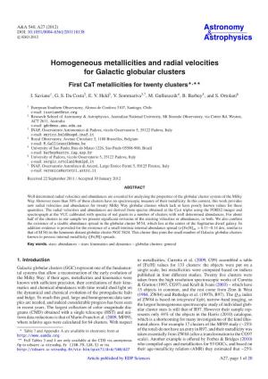 Homogeneous Metallicities and Radial Velocities for Galactic Globular Clusters First Cat Metallicities for Twenty Clusters�,