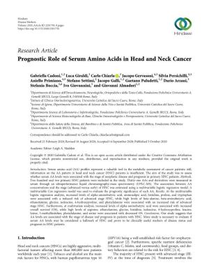 Prognostic Role of Serum Amino Acids in Head and Neck Cancer