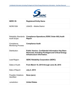 NERC ID: Registered Entity Name NCR01359 USACE – Mobile