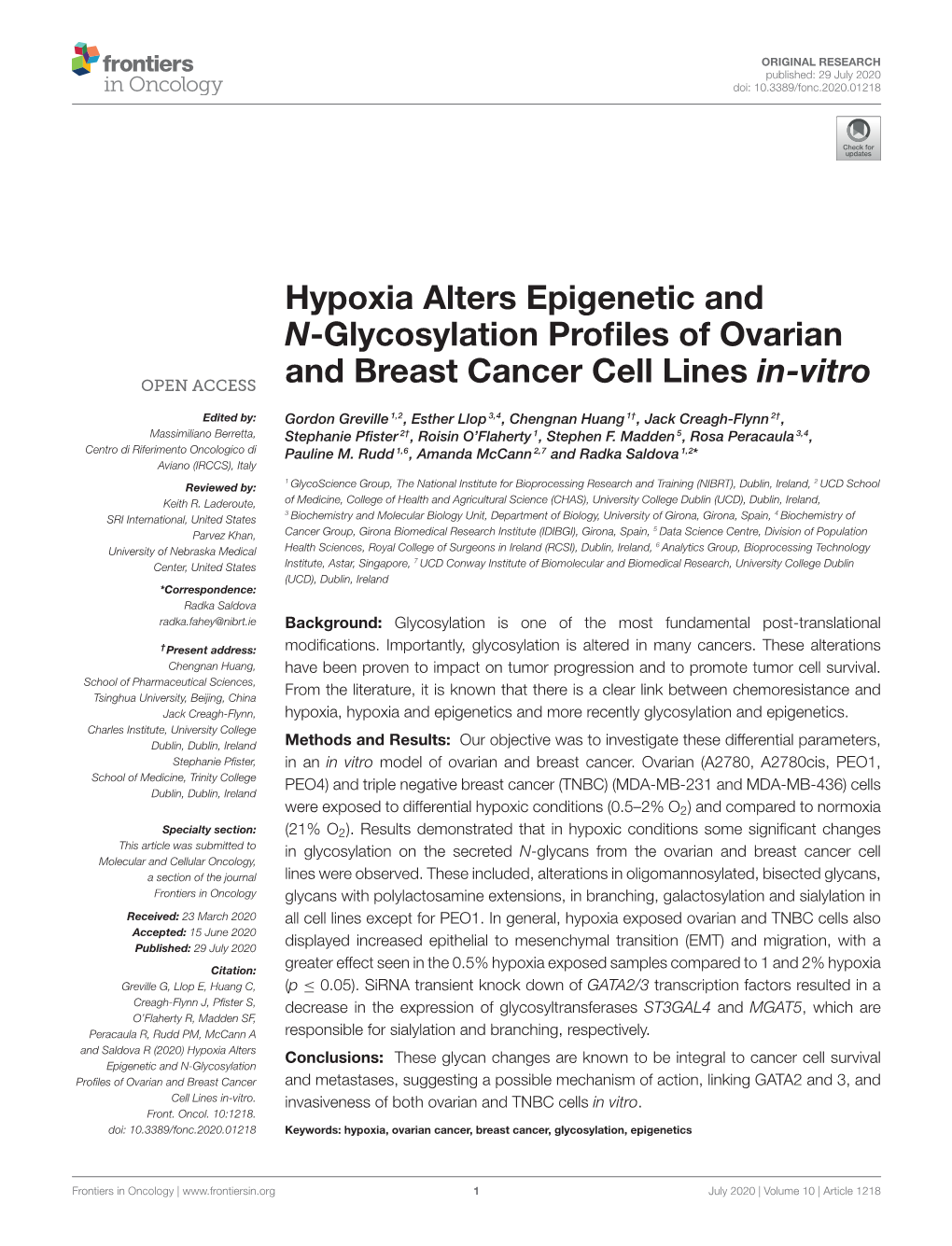 Hypoxia Alters Epigenetic and N-Glycosylation Profiles of Ovarian