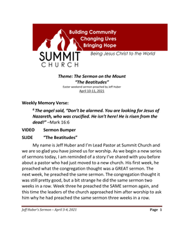 The Beatitudes” Easter Weekend Sermon Preached by Jeff Huber April 10-11, 2021