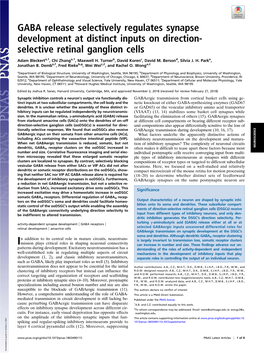 GABA Release Selectively Regulates Synapse Development at Distinct Inputs on Direction- Selective Retinal Ganglion Cells