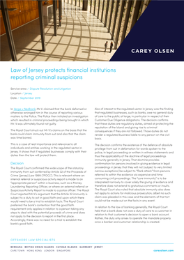 Law of Jersey Protects Financial Institutions Reporting Criminal Suspicions