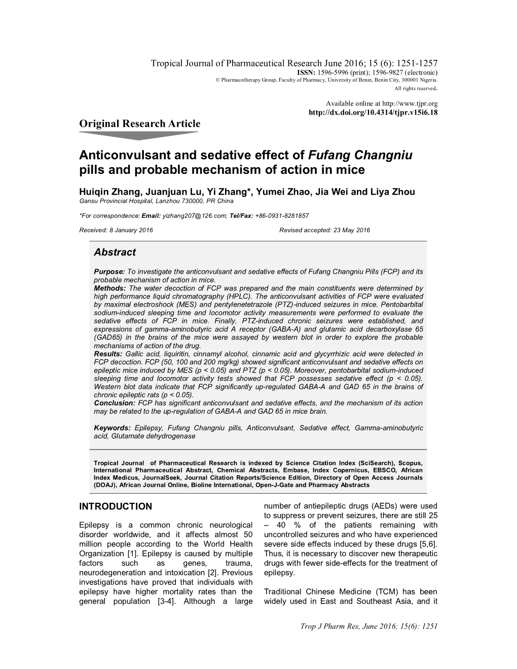 Anticonvulsant and Sedative Effect of Fufang Changniu Pills and Probable Mechanism of Action in Mice