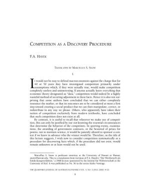 Competition As a Discovery Procedure F.A. Hayek