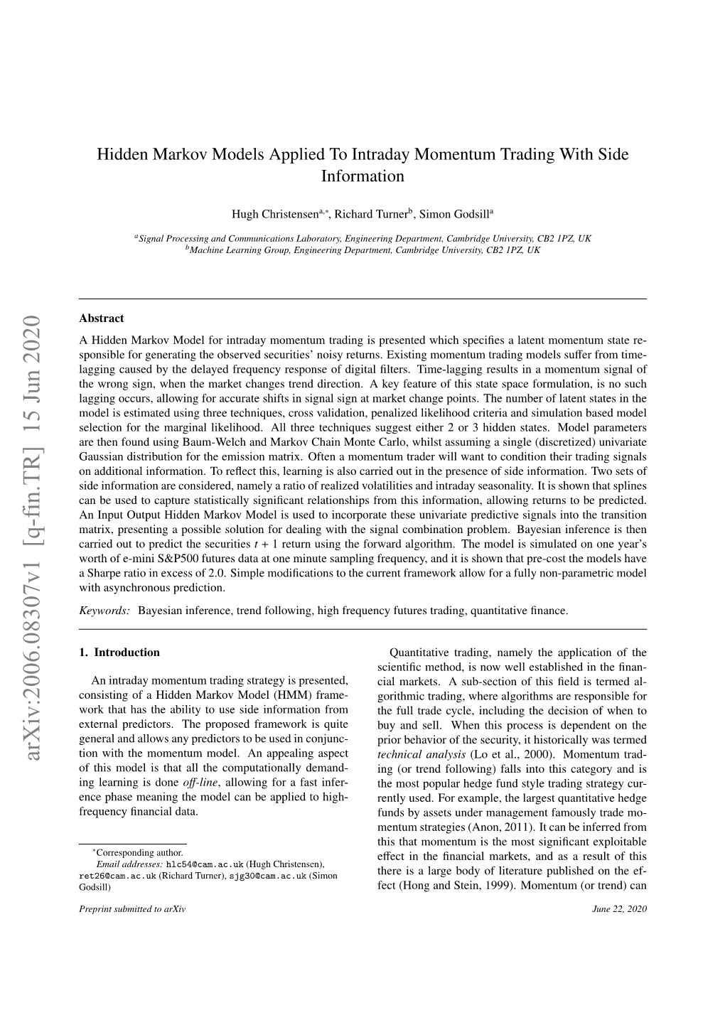 Arxiv:2006.08307V1 [Q-Fin.TR] 15 Jun 2020