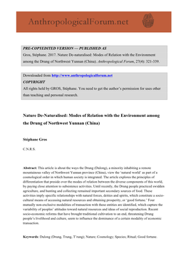 Nature De-Naturalised: Modes of Relation with the Environment Among the Drung of Northwest Yunnan (China)
