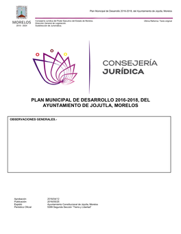 Plan Municipal De Desarrollo 2016-2018, Del Ayuntamiento De Jojutla, Morelos