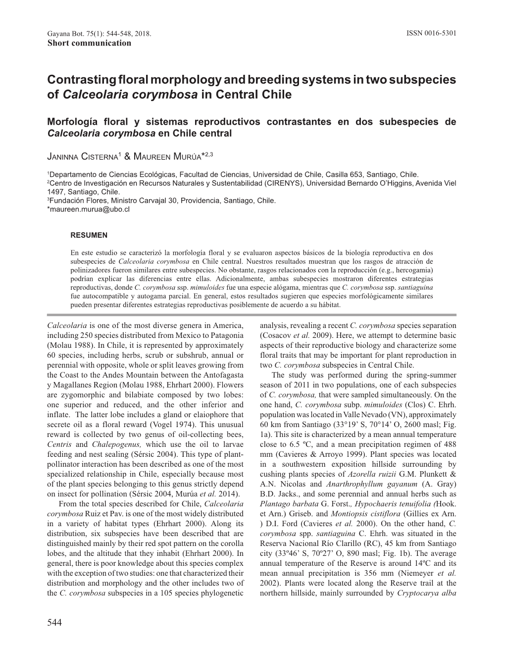 Contrasting Floral Morphology and Breeding Systems in Two Subspecies of Calceolaria Corymbosa in Central Chile