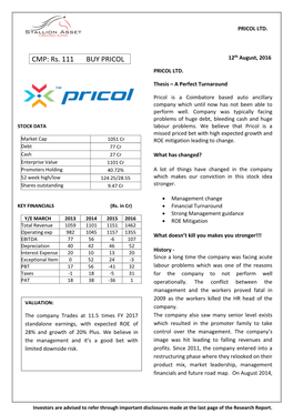 Rs. 111 BUY PRICOL 12Th August, 2016