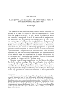 Hans Jonas and Research on Gnosticism from a Contemporary Perspective1