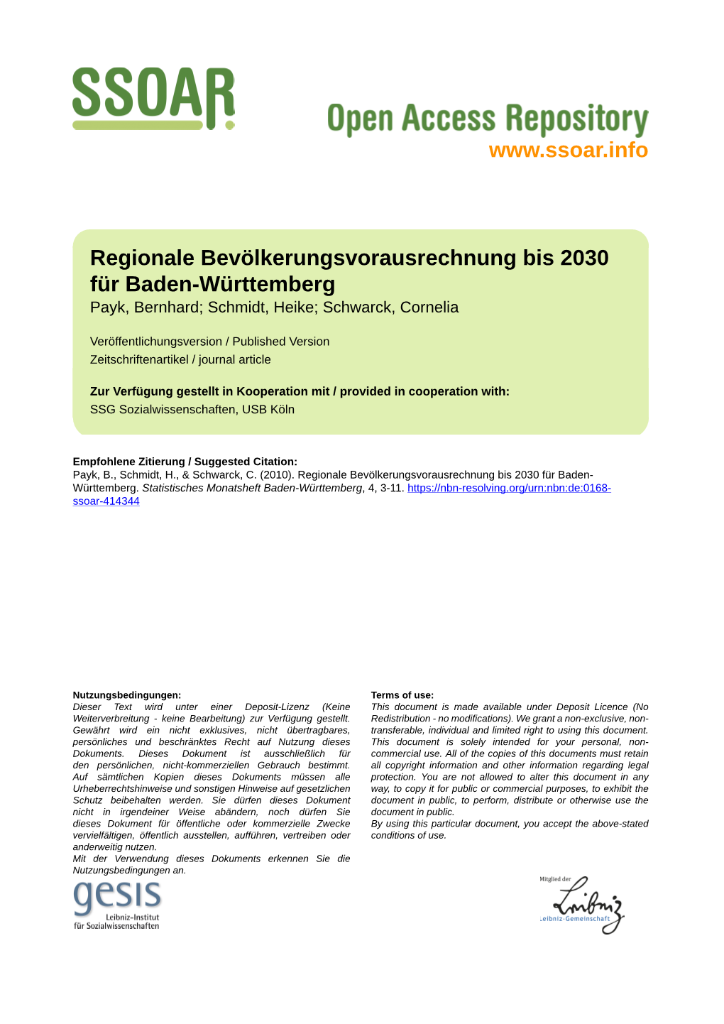 Regionale Bevölkerungsvorausrechnung Bis 2030 Für Baden-Württemberg Payk, Bernhard; Schmidt, Heike; Schwarck, Cornelia