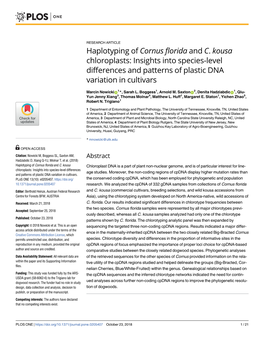 Haplotyping of Cornus Florida and C. Kousa Chloroplasts: Insights Into Species-Level Differences and Patterns of Plastic DNA Variation in Cultivars