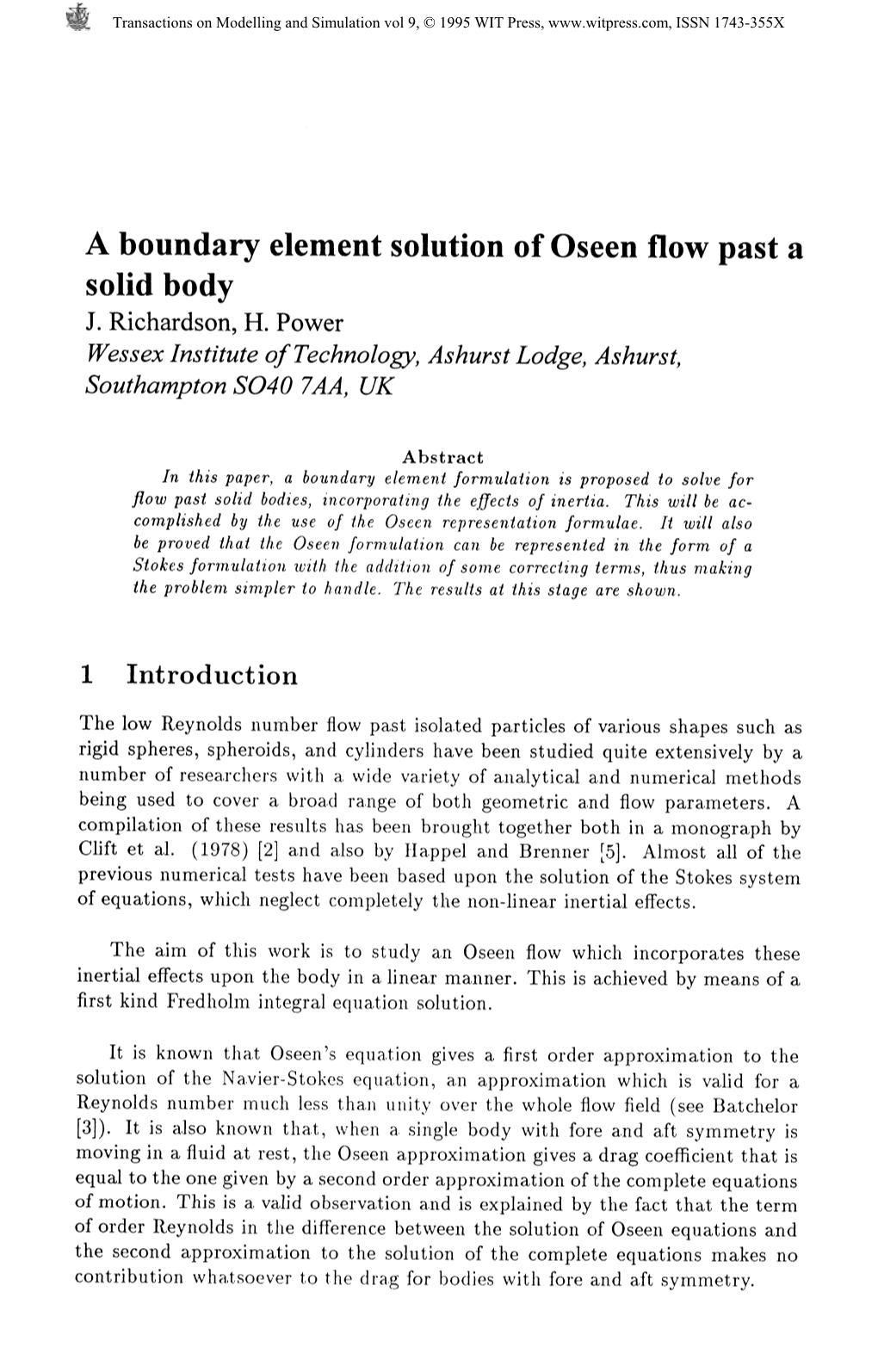 A Boundary Element Solution of Oseen Flow Past A