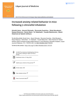 Increased Anxiety-Related Behavior in Mice Following Β-Citronellol Inhalation