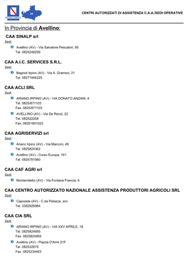 In Provincia Di Avellino: CAA SINALP Srl Sedi: Avellino (AV) - Via Salvatore Pescatori, 95 Tel