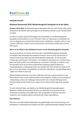 Bestfewo-Reisetrends 2018: Mecklenburgische Seenplatte Ist an Der Spitze