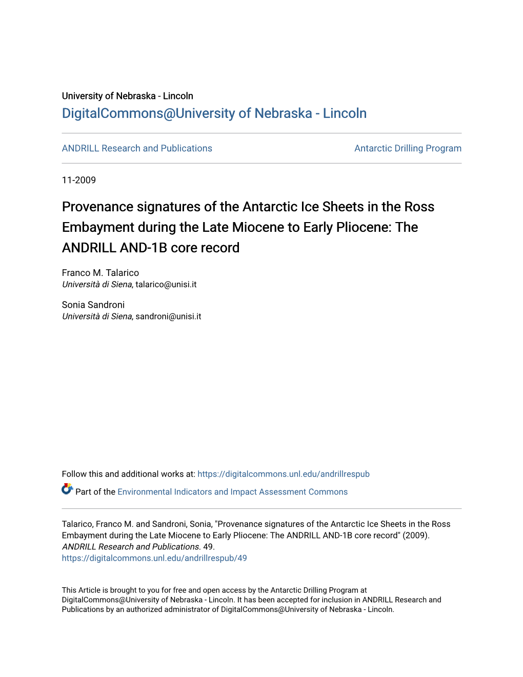 Provenance Signatures of the Antarctic Ice Sheets in the Ross Embayment During the Late Miocene to Early Pliocene: the ANDRILL AND-1B Core Record