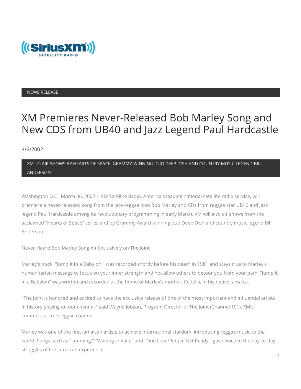 XM Premieres Never-Released Bob Marley Song and New CDS from UB40 and Jazz Legend Paul Hardcastle