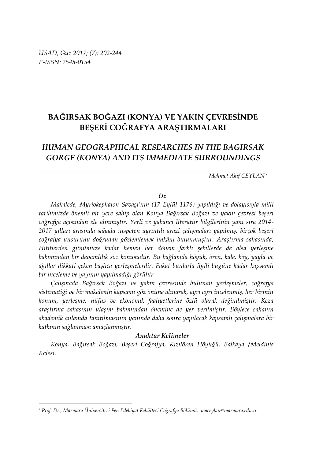 Bağırsak Boğazı (Konya) Ve Yakın Çevresinde Beşeri Coğrafya Araştırmaları | 204