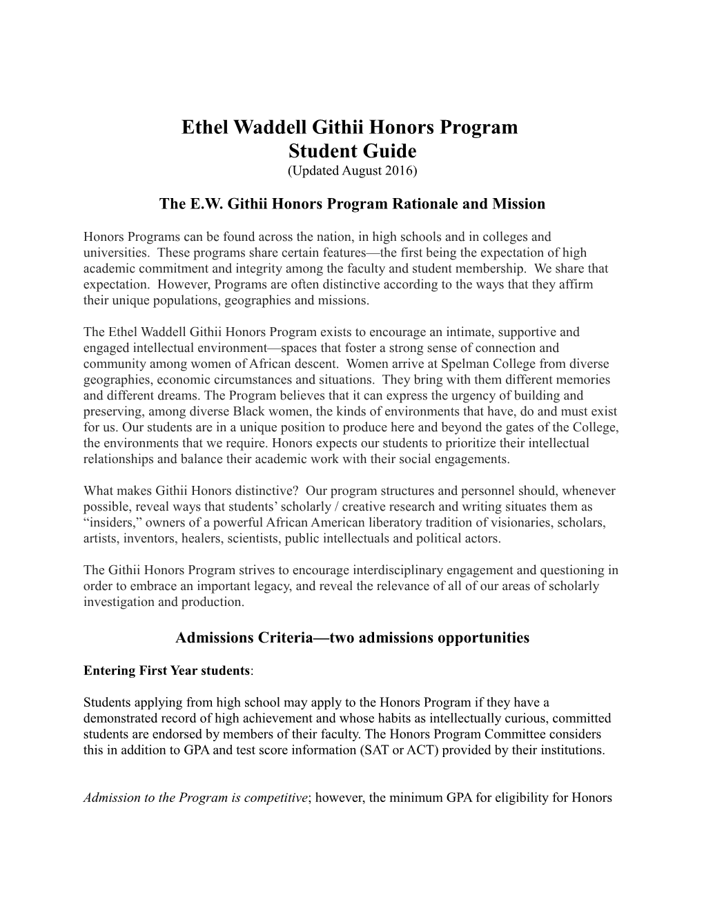 Ethel Waddell Githii Honors Program