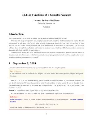 18.112: Functions of a Complex Variable Introduction 1 September 5, 2019