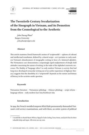 The Twentieth-Century Secularization of the Sinograph in Vietnam, and Its Demotion from the Cosmological to the Aesthetic