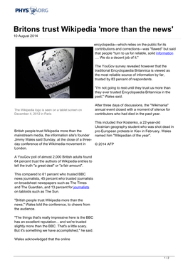 Britons Trust Wikipedia 'More Than the News' 10 August 2014