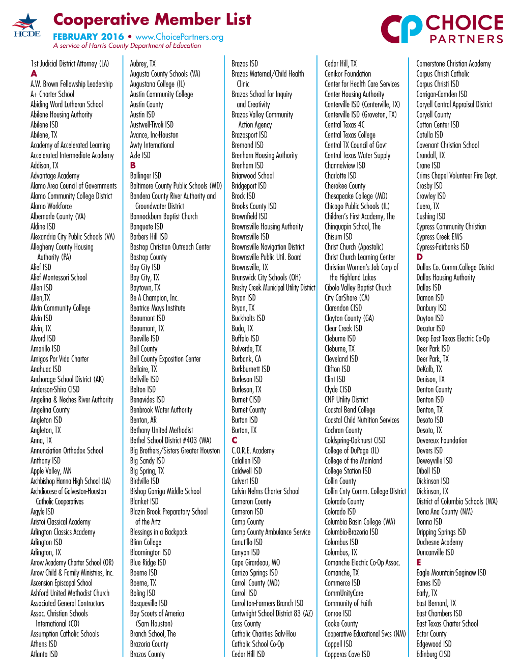 Cooperative Member List FEBRUARY 2016 • a Service of Harris County Department of Education