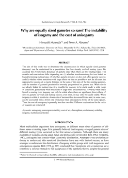 Why Are Equally Sized Gametes So Rare? the Instability of Isogamy and the Cost of Anisogamy