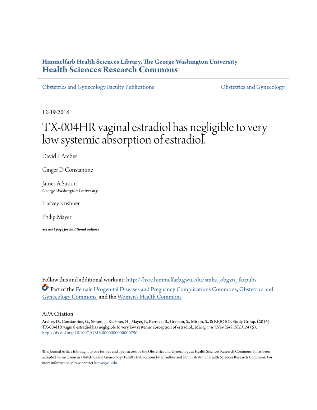 TX-004HR Vaginal Estradiol Has Negligible to Very Low Systemic Absorption of Estradiol