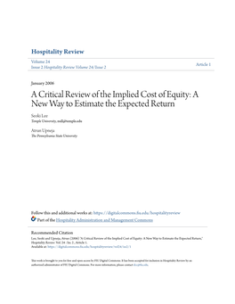 A Critical Review of the Implied Cost of Equity: a New Way to Estimate the Expected Return Seoki Lee Temple University, Null@Temple.Edu