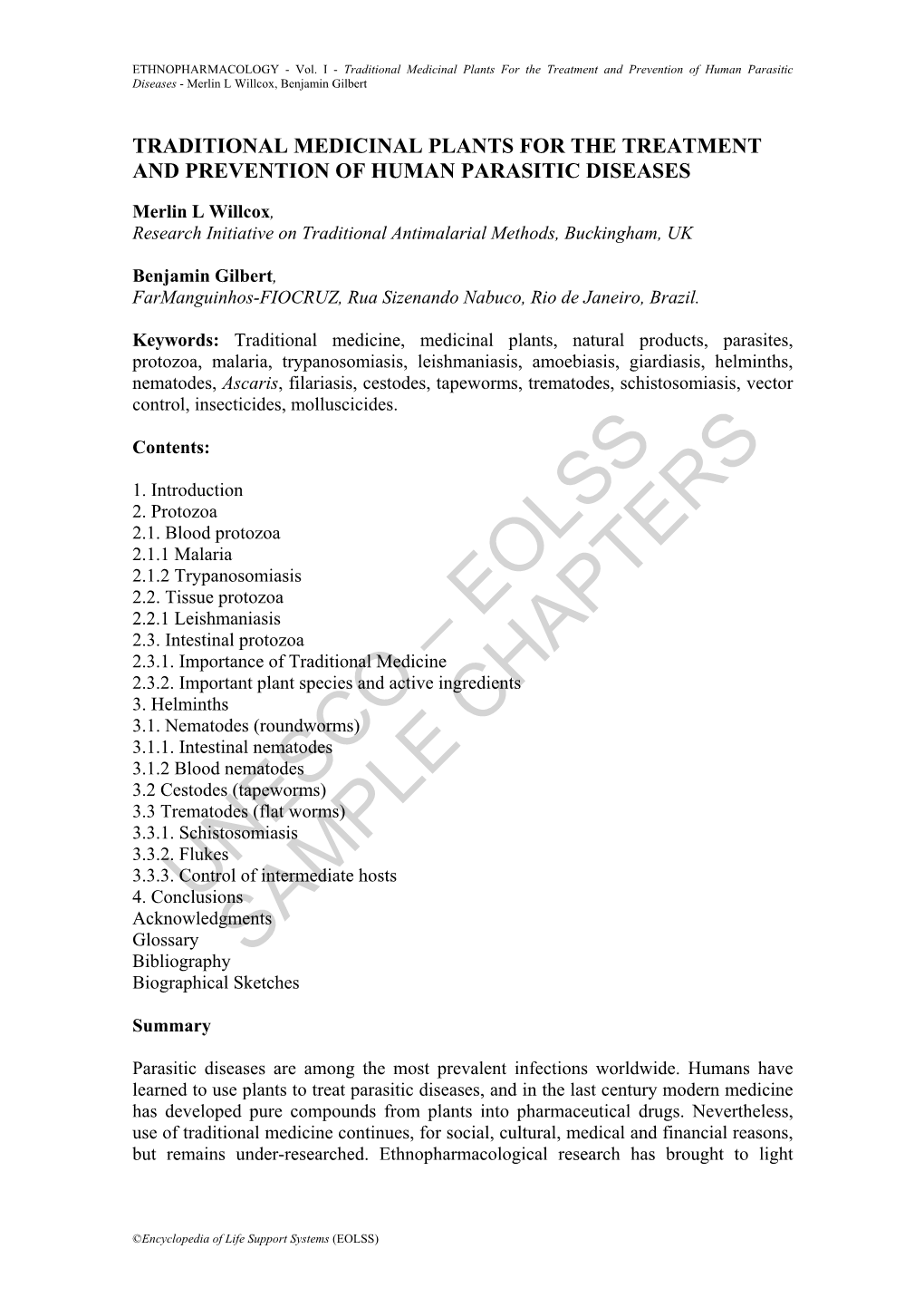 Traditional Medicinal Plants for the Treatment and Prevention of Human Parasitic Diseases - Merlin L Willcox, Benjamin Gilbert