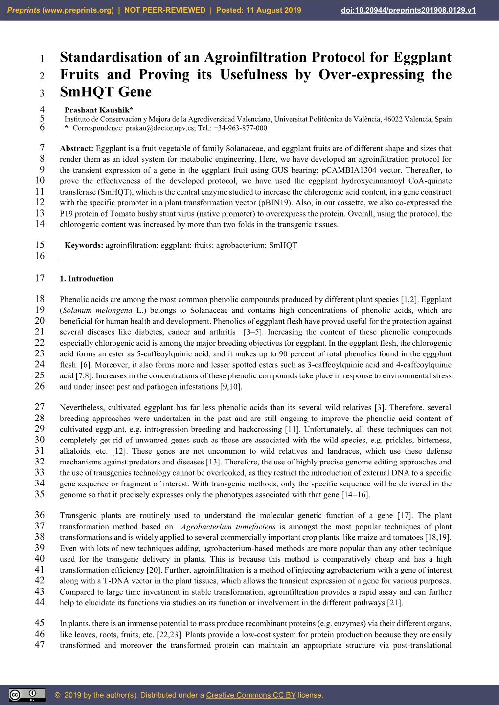 Standardisation of an Agroinfiltration Protocol for Eggplant